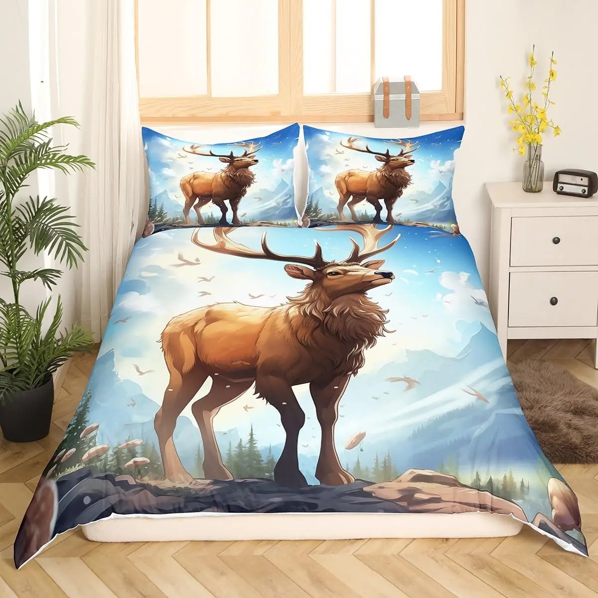 사슴 엘크 이불 커버 킹 퀸 농장 사슴 숲 이불 커버  - Hunting And Camping In Forest 리뷰 및 가격